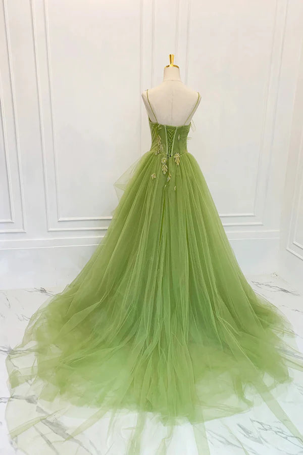 Wholesale Green Spaghetti Strap Tulle Long Prom Dress Beautiful A-Line Evening Dress